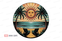 Tropical beach scene with sun and palm trees ocean Product Image 1