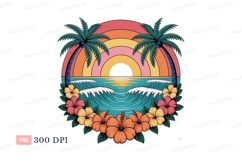 Tropical sunset ocean waves palm trees hibiscus image Product Image 1