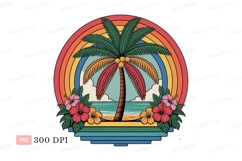 Tropical palm tree with hibiscus flowers and rainbow Product Image 1