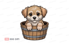 Fluffy puppy in wooden bucket canine animal Product Image 1