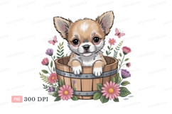 Adorable chihuahua puppy in wooden bucket surrounded by flow Product Image 1