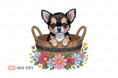 Cute puppy in basket with flowers chihuahua wood Product Image 1