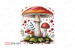 Red white spotted mushrooms growing on moss spots Product Image 1