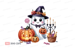 Cute ghost with pumpkins and candy halloween witch Product Image 1