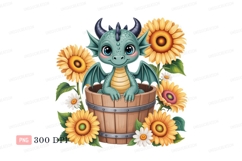 Cute dragon in bucket with sunflowers fantasy mythical Product Image 1