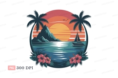 Tropical sunset ocean sailboat mountain palm trees Product Image 1