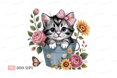 Fluffy kitten in bucket with flowers and butterfly Product Image 1