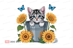 Kitten sunflowers bucket butterflies image Product Image 1