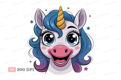 Happy unicorn face with blue hair and golden horn image Product Image 1