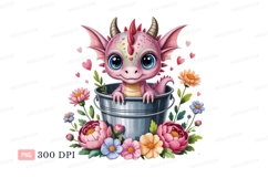 Pink dragon in bucket with flowers cute Product Image 1