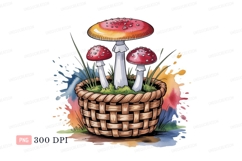 Red spotted mushrooms in woven basket white spots Product Image 1