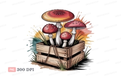 Red spotted mushrooms in wooden crate white Product Image 1