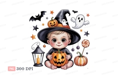 Cute baby witch with pumpkins and ghosts image Product Image 1
