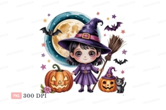 Cute witch girl with pumpkins and bats halloween Product Image 1