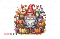 Cheerful gnome surrounded by autumn harvest pumpkins Product Image 1