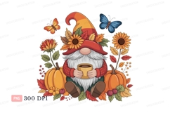 Autumn gnome holding coffee cup surrounded by pumpkins and f Product Image 1