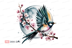 Bird blossoms moon watercolor nature Product Image 1