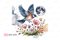 Blue bird flying near moon and flowers orange white Product Image 1