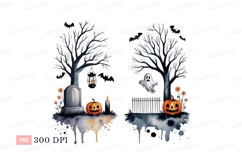 Spooky Halloween graveyard scene with pumpkins ghost Product Image 1
