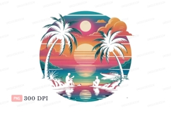 Sunset beach scene with palm trees and people ocean Product Image 1
