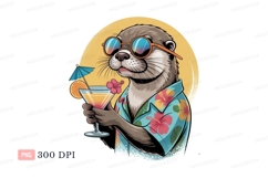 Otter wearing sunglasses and Hawaiian shirt holding cocktail Product Image 1