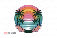 Sunset Palms Ocean Flowers Clipart P N G tropical Product Image 1