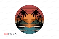Sunset palms ocean waves mountains image Product Image 1