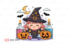 Cute witch with pumpkins and potions halloween candle Product Image 1