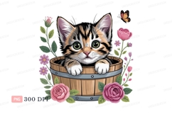 Kitten in wooden bucket surrounded by flowers image Product Image 1