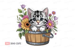 Kitten in bucket with flowers sunflower Product Image 1
