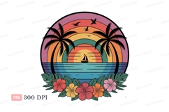 Tropical sunset sailboat palm trees hibiscus Clipart P N G Product Image 1