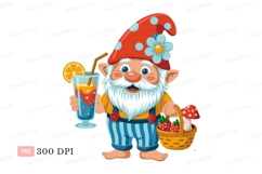 Cheerful gnome holding refreshing drink and basket Product Image 1
