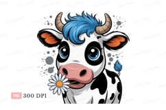 Blue haired cow eating daisy white black Product Image 1