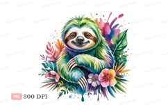 Colorful sloth surrounded by tropical flowers leaves Product Image 1