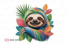 Colorful sloth surrounded by tropical leaves rainbow Product Image 1