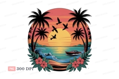 Tropical sunset beach ocean boat palm trees birds image Product Image 1