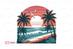 Tropical sunset ocean waves palm trees birds image Product Image 1