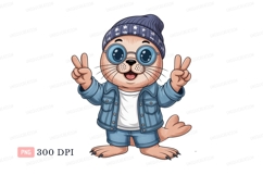 Cool seal wearing denim and beanie cartoon jacket Product Image 1