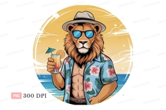 Tropical lion with drink and hat beach summer Product Image 1