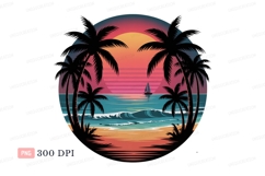 Tropical sunset ocean waves palm trees sailboat beach Product Image 1