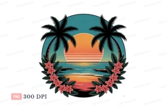 Tropical sunset ocean palm trees flowers image Product Image 1