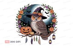 Owl wearing witch hat with pumpkins and lanterns image Product Image 1