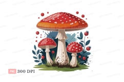 Red spotted mushrooms with berries and leaves white Product Image 1