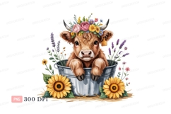 Fluffy cow wearing flower crown in bucket calf highland Product Image 1
