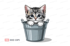 Kitten peeking from bucket grey white Product Image 1