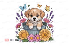 Fluffy puppy in bucket surrounded by flowers and butterflies Product Image 1