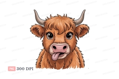 Fluffy brown cow with tongue out highland horns Product Image 1