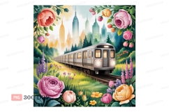 Silver train passing through floral city landscape Product Image 1