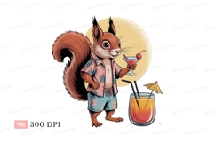Squirrel wearing Hawaiian shirt and shorts with cocktails Product Image 1