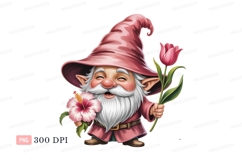 Cheerful gnome holding pink flowers hibiscus tulip Product Image 1